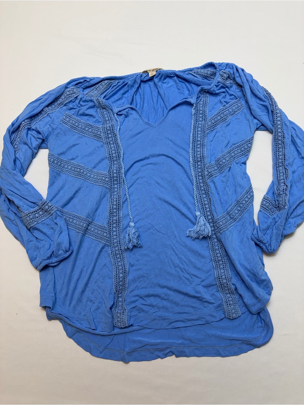 Lucky Brand Blue 3/4 Sleeve Boho Peasant Top Crochet Trim Tassels Women Size L